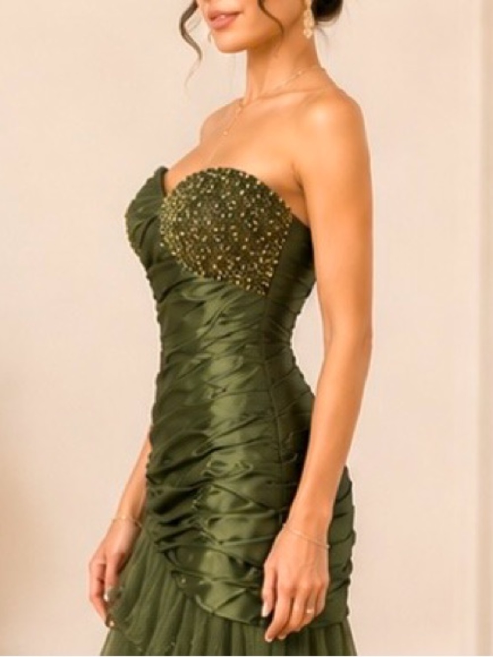 Strapless Olive Ruched Ruffle High-Low Dress - Picture 3 of 14